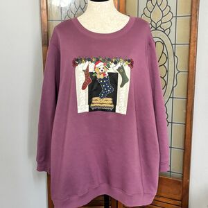 Vintage Oversized Puppy In Stocking Christmas Ugly Festive Sweater Plus Size 2X